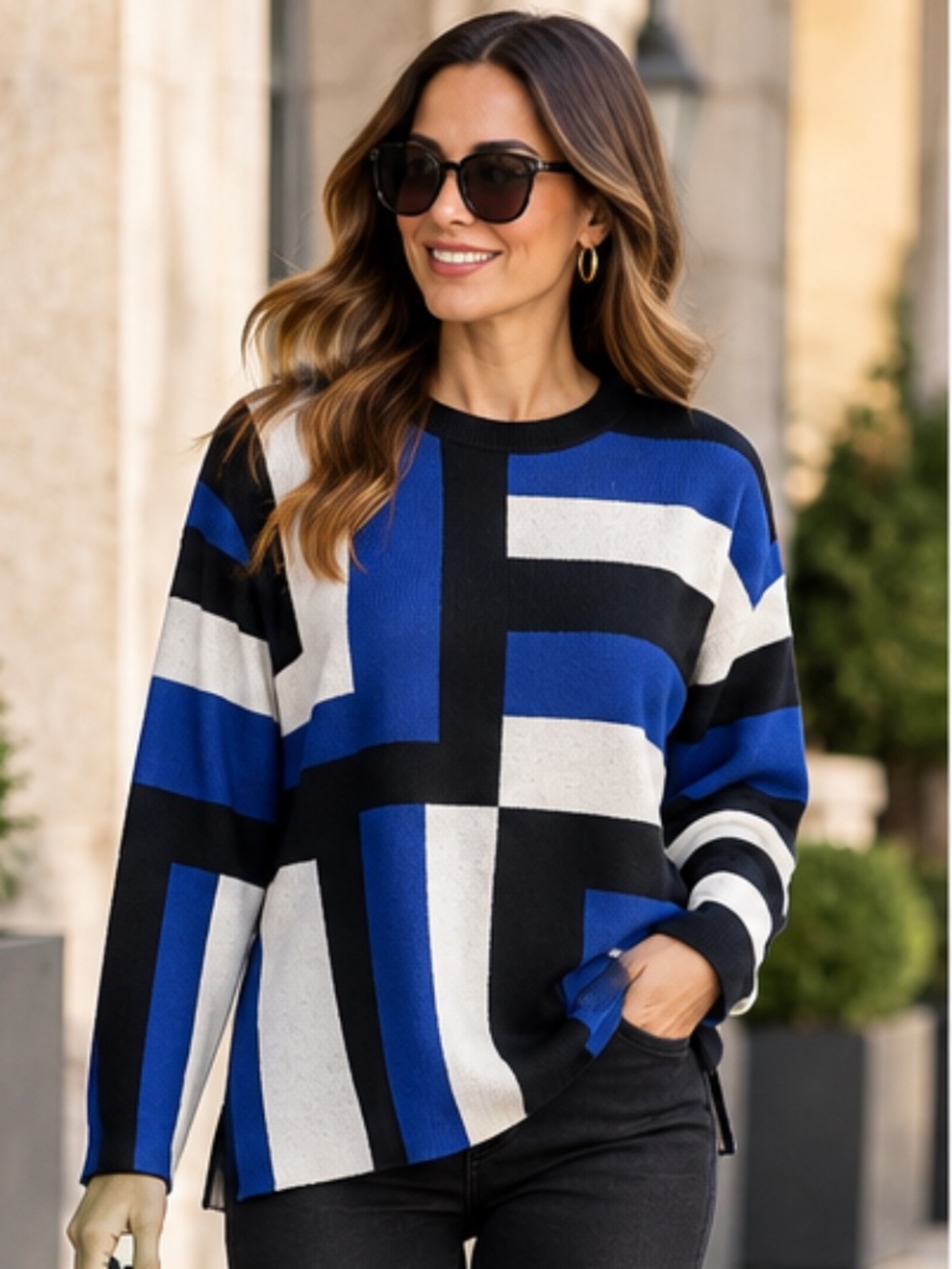 Jones New York Geometric Colorblock Sweater Blue Black Ivory Size L NWOT